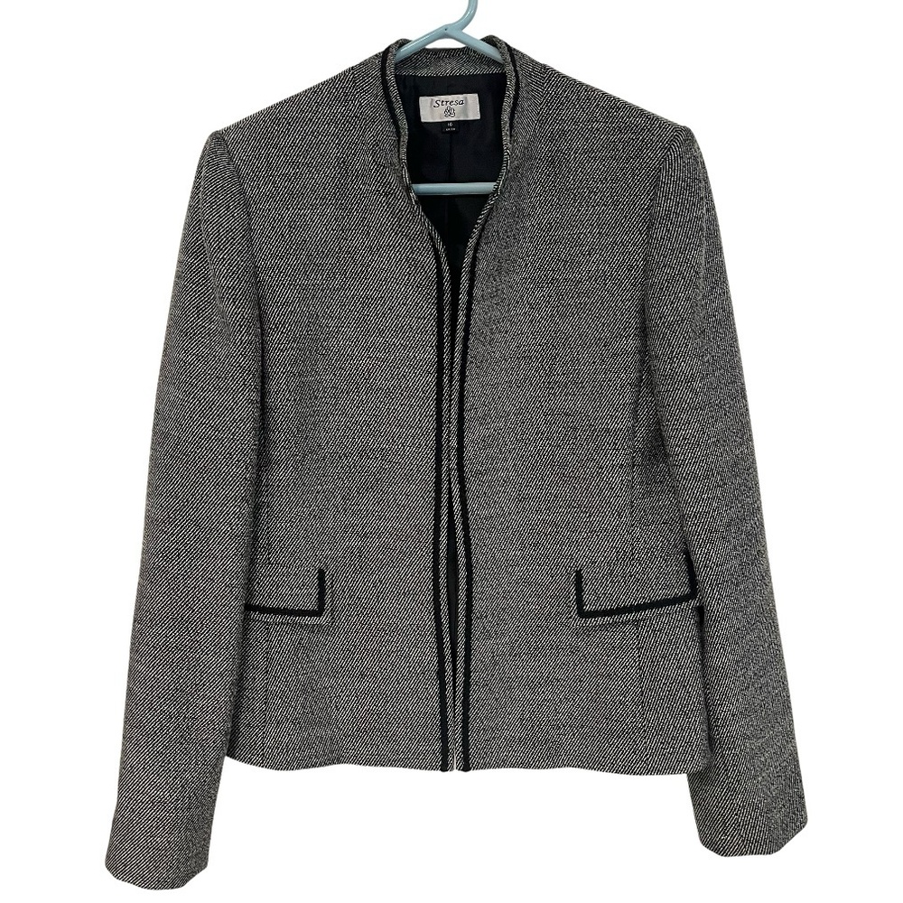 Stresa Womens 10 Twill Swing Blazer Jacket Black White Open Front